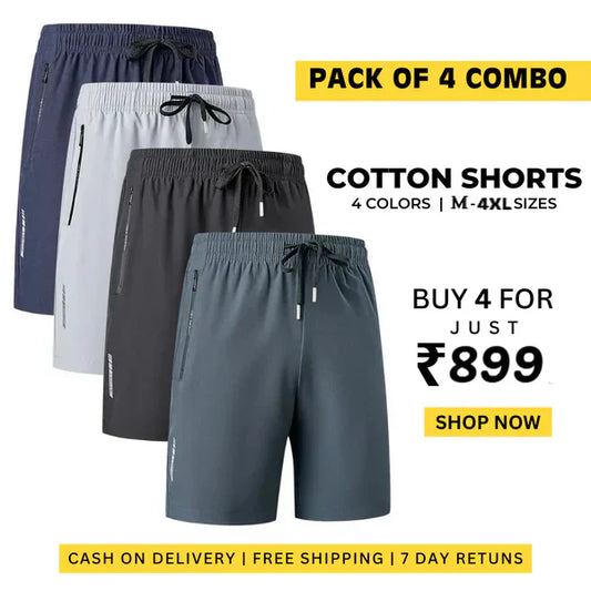 Combo of 4 Men’s Stretchable Cotton Shorts –  Casual Summer Shorts for Men (Pack of 4)