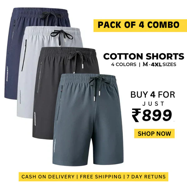 Combo of 4 Men’s Stretchable Cotton Shorts –  Casual Summer Shorts for Men (Pack of 4)